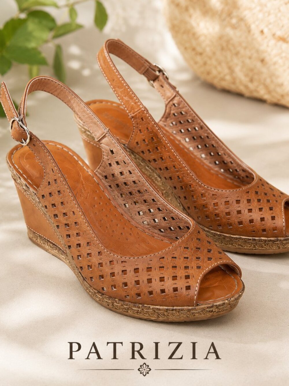 Patrizia Brown Leather Peep Toe Slingback Wedge Sandals Size 38/7.5 Boho